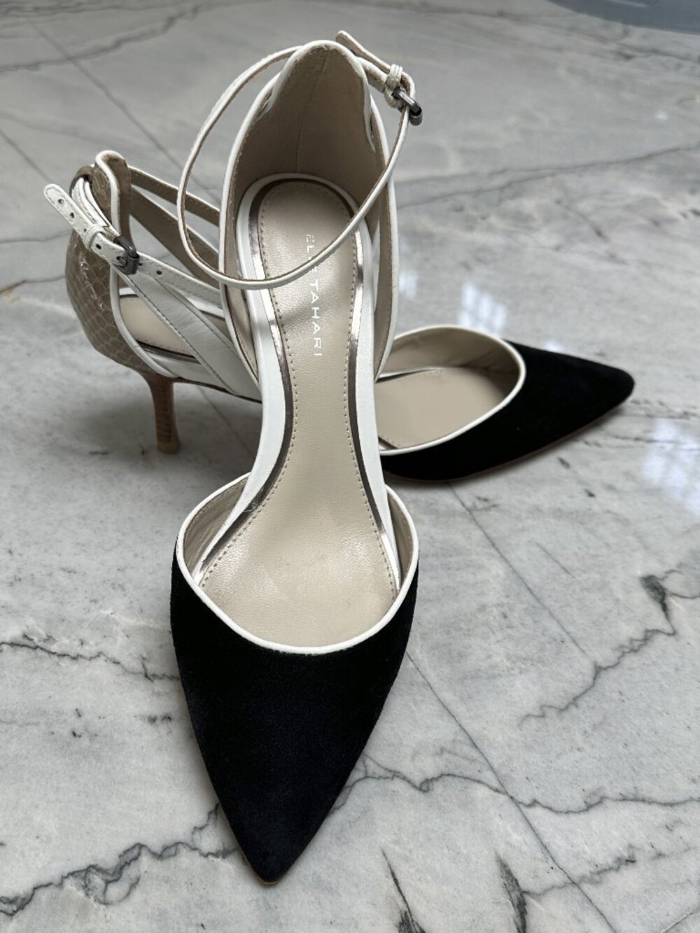 Elie Tahari/ d'Orsay Kitten Heels/ Black Suede, White + Tan/ 38.5-US 8/ LIKE NEW